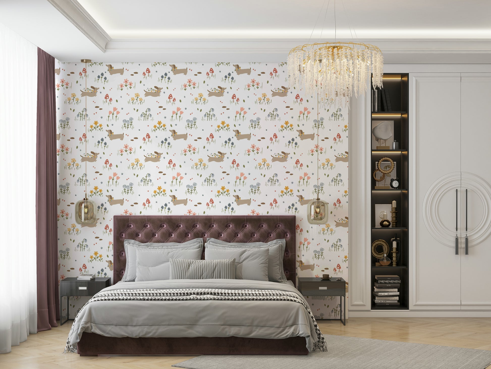 Puppy and botanical pattern wallpaper

