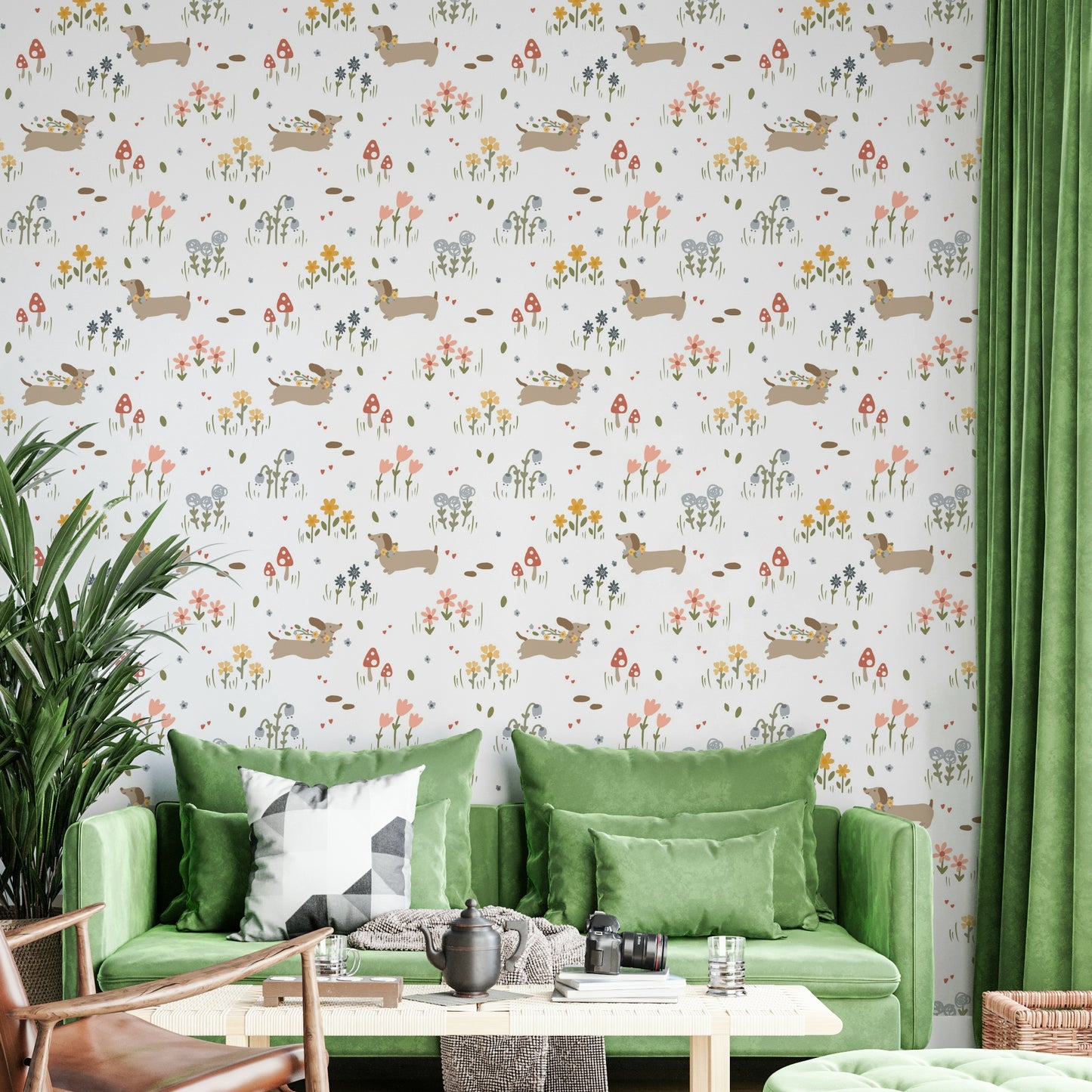 Floral puppy wallpaper for kids’ space

