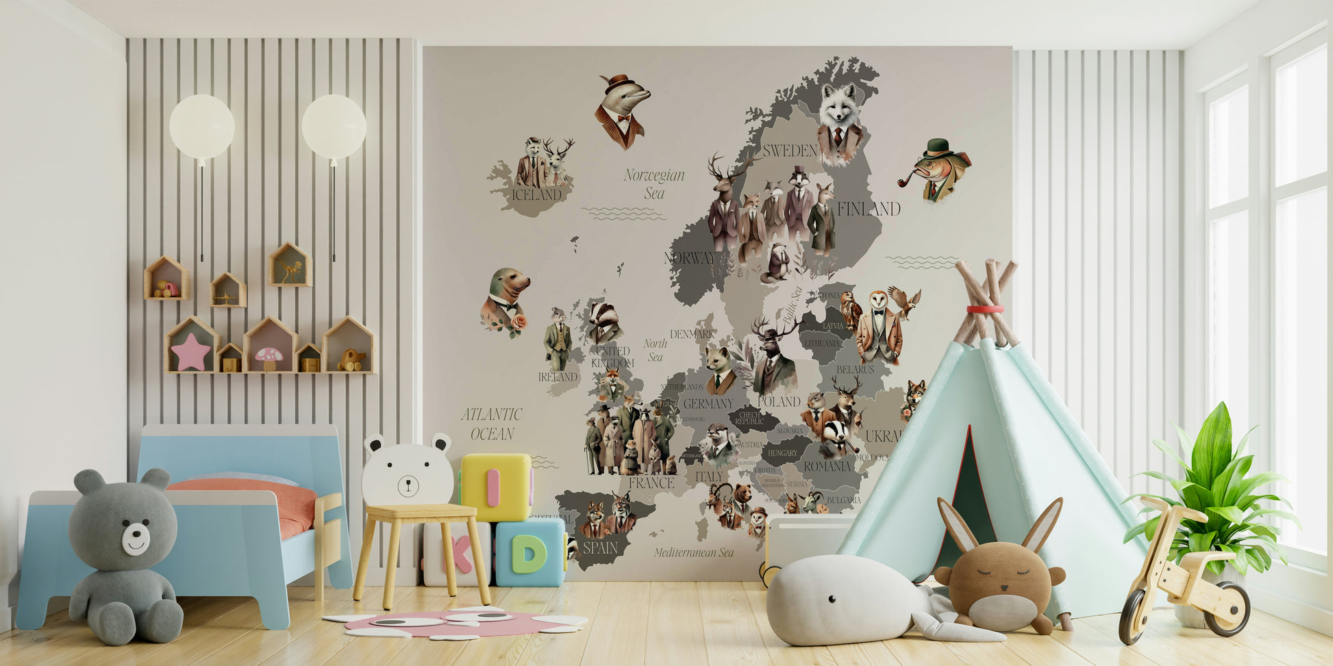Quirky Europe map with suited creatures

