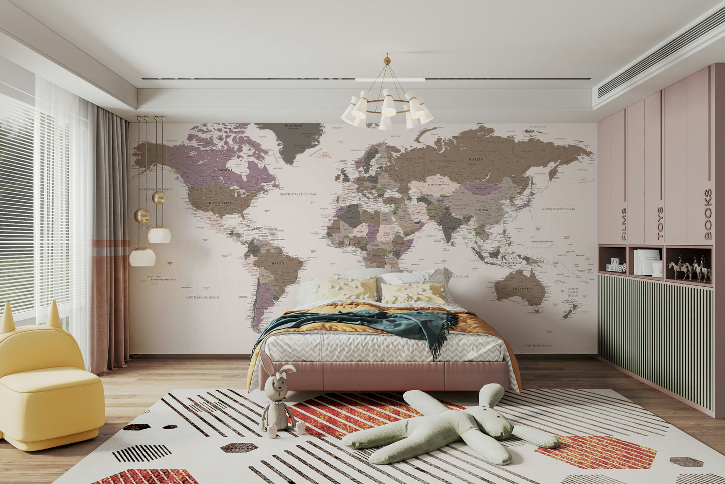 Stylish beige world map wall print

