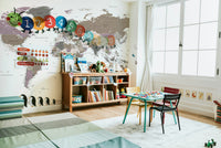 Soft-toned world map wall covering

