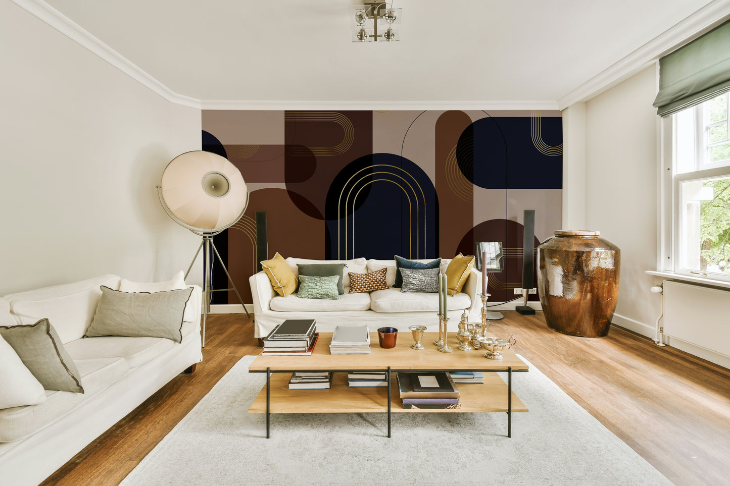 Gold line art on deep tones mural

