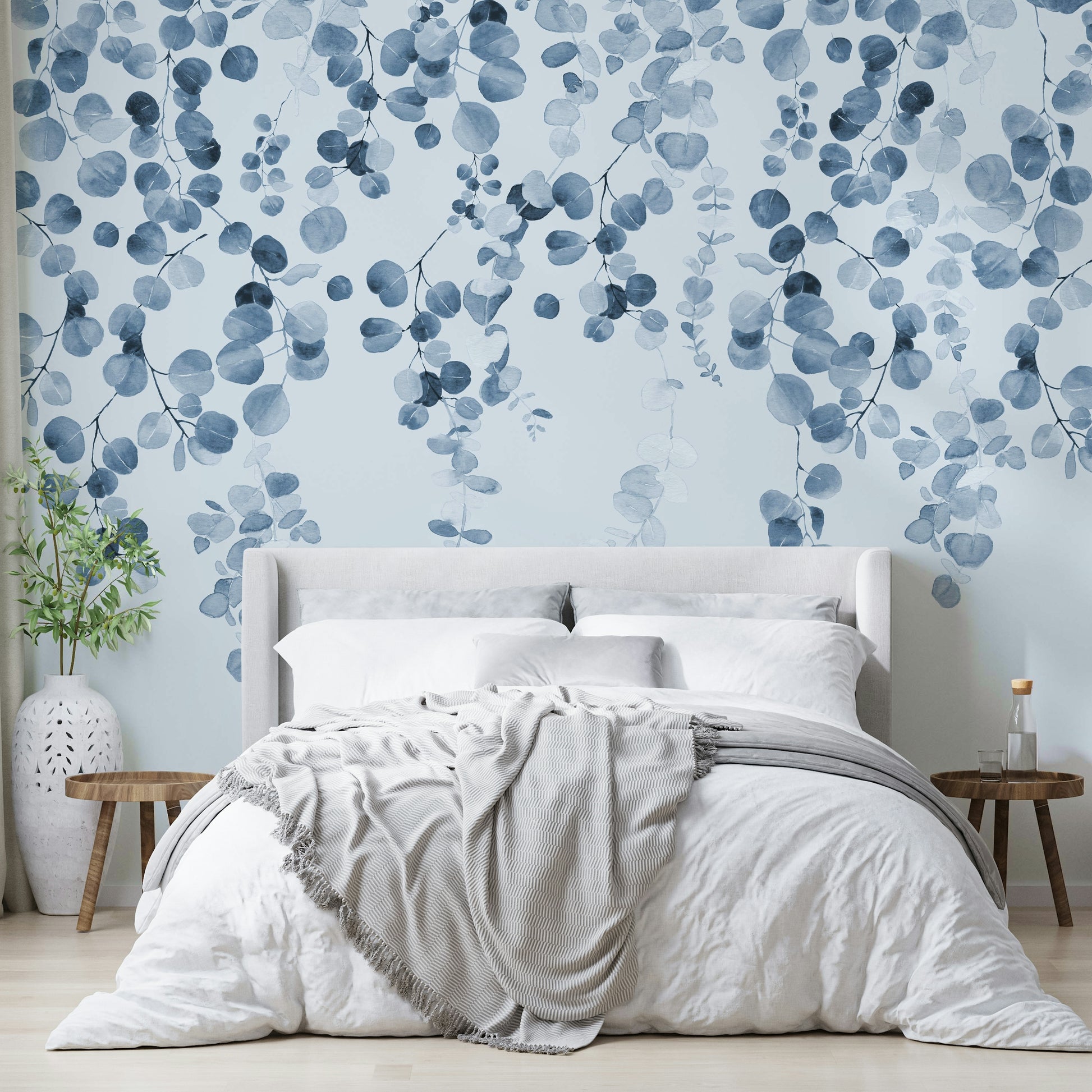 Soft blue eucalyptus wall covering

