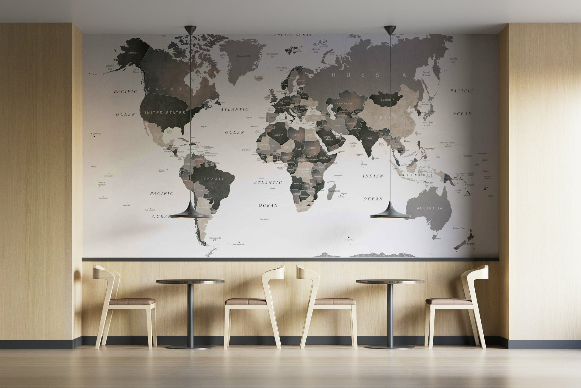 Earth-toned wall mural with world map print

