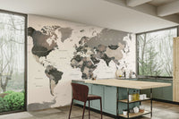Neutral palette world map mural for decor

