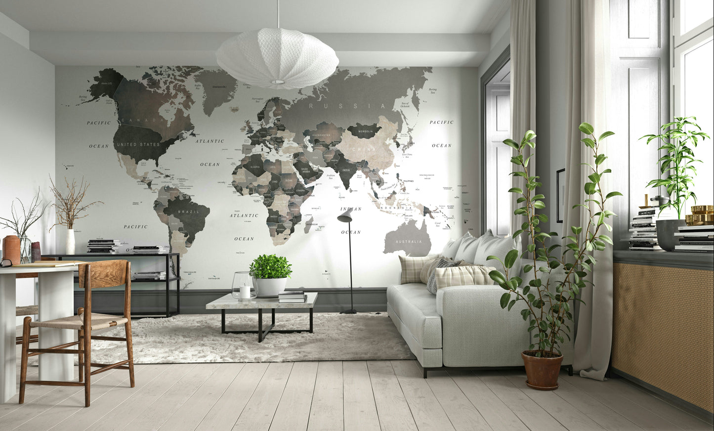 Muted tones global map mural for interiors

