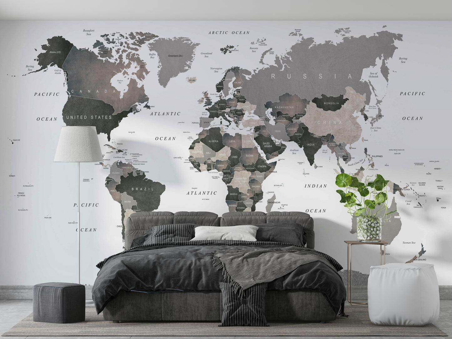 World map wall mural in muted color tones

