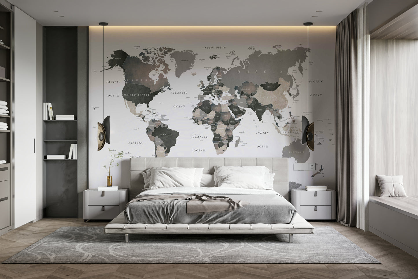 Stylish neutral world map wallpaper design

