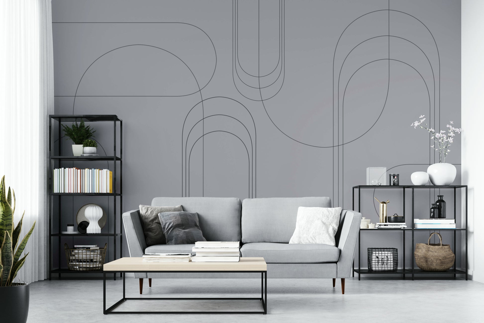 Modern charcoal arch wall art for interiors

