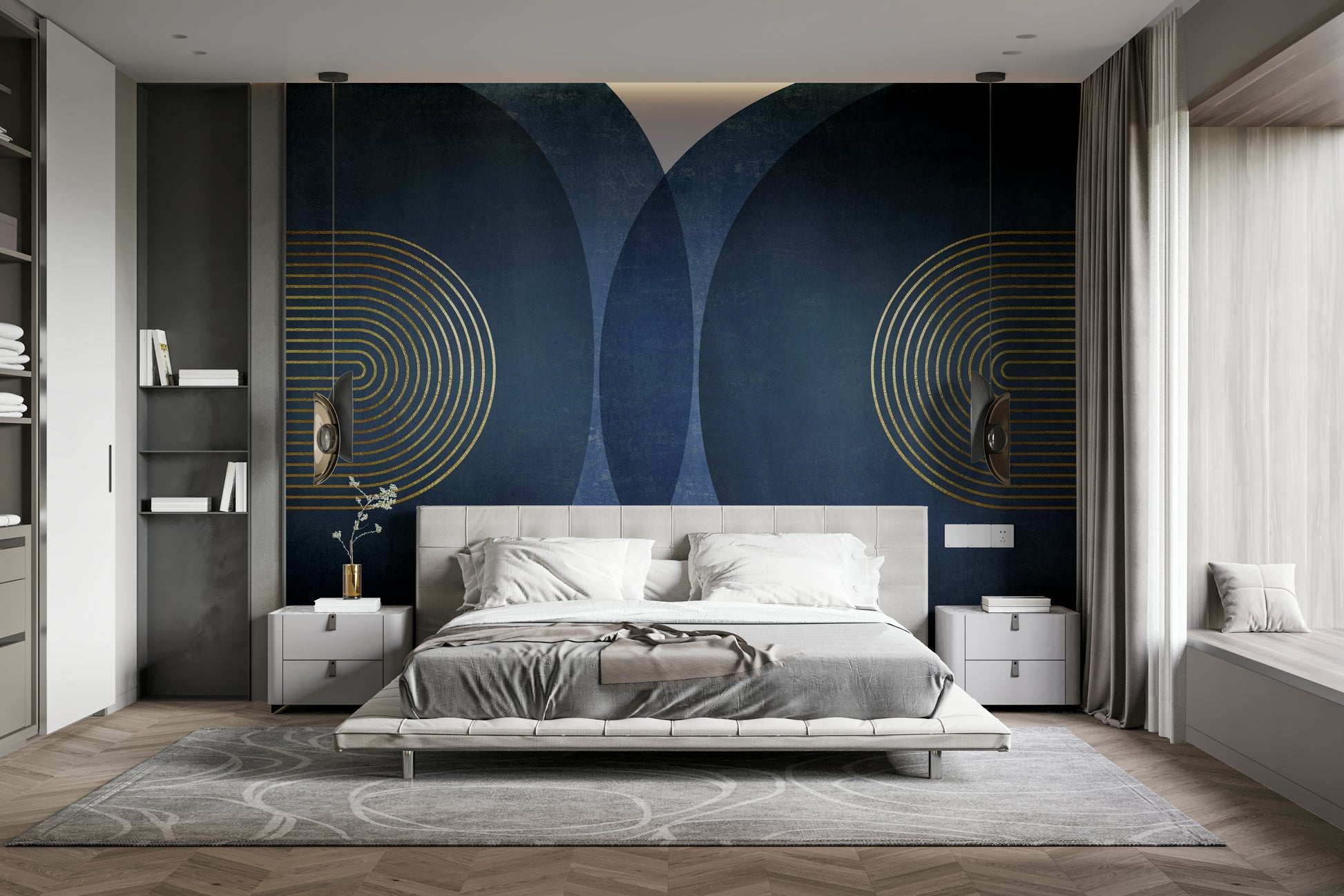 Modern blue gold mural for stylish interiors

