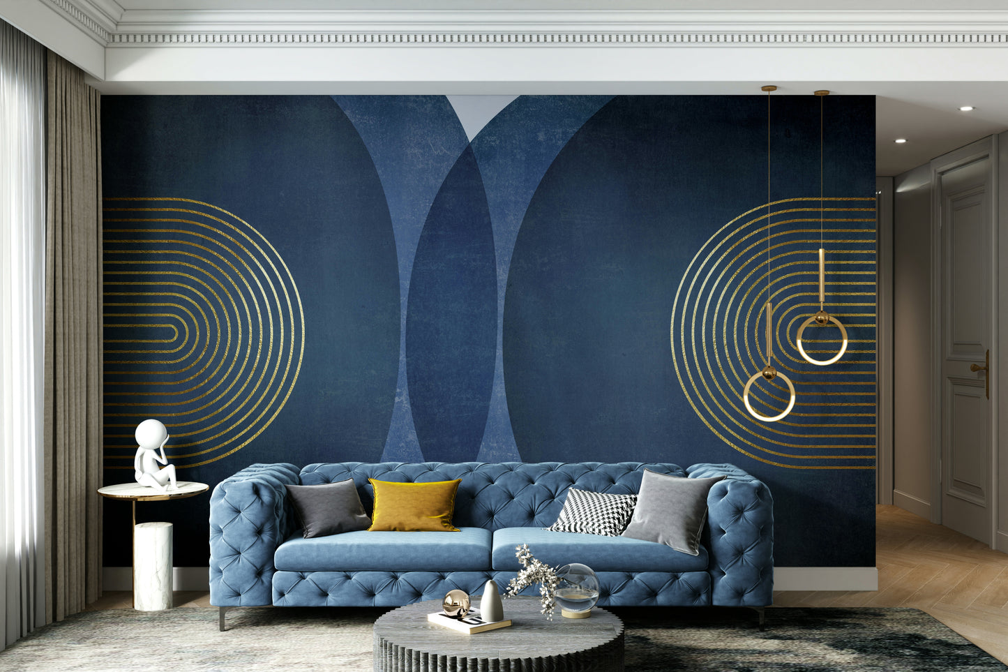 Retro modern mural with blue and gold curves

