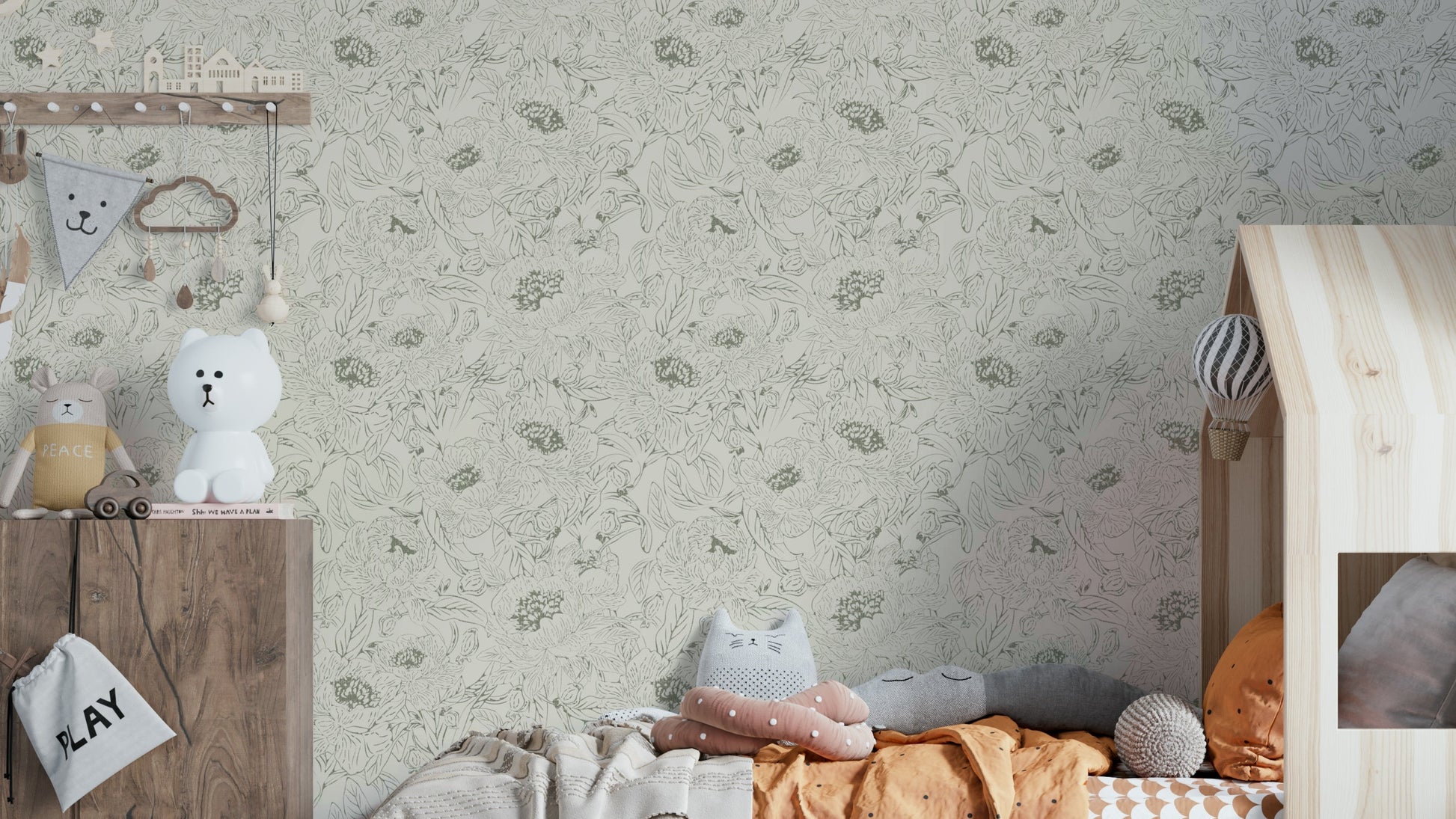 Green wallpaper with peony line art design

