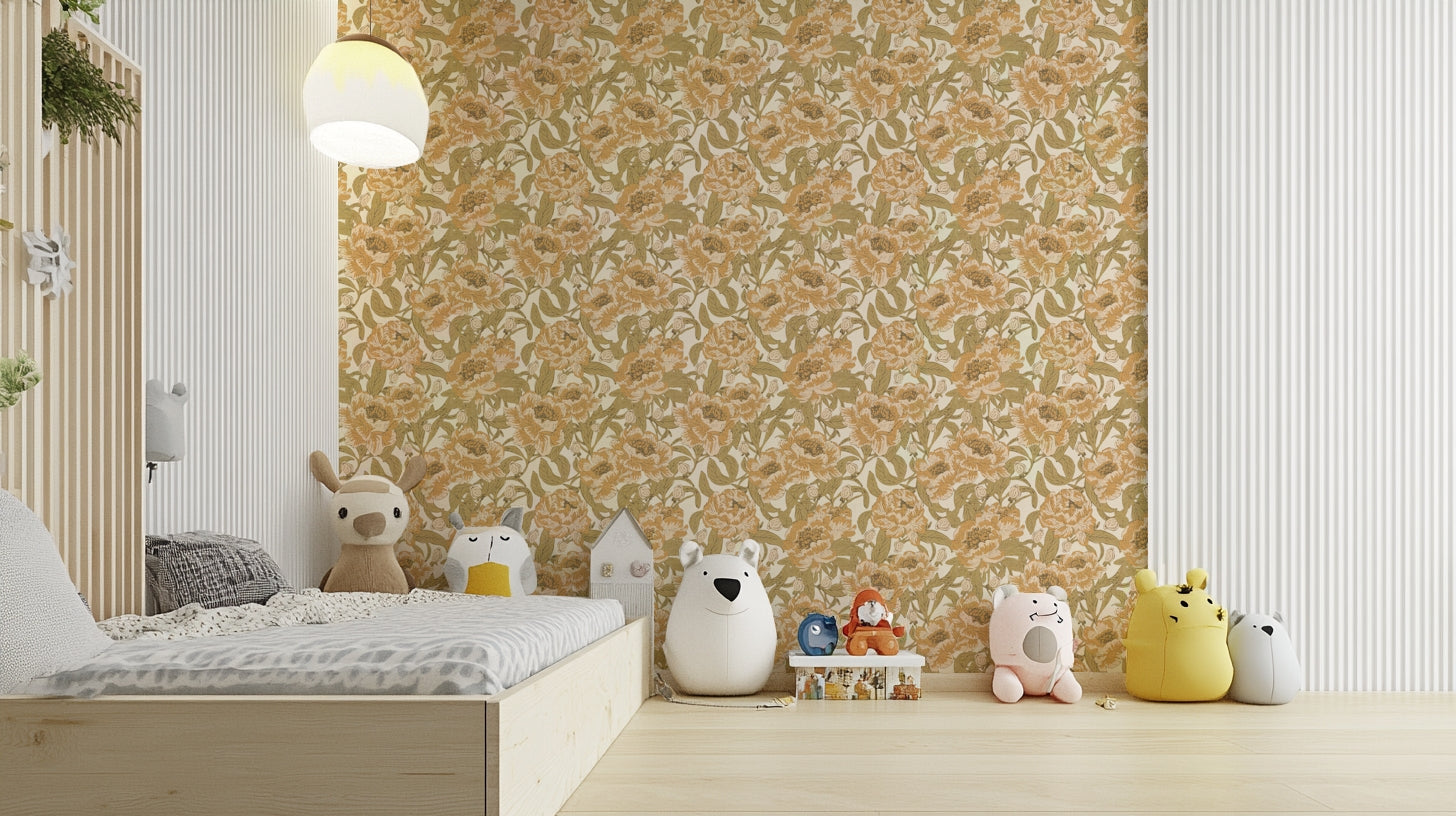 Mustard floral wallpaper with vintage appeal

