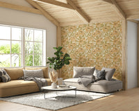 Botanical peony wallpaper in mustard yellow

