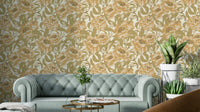 Mustard gold wallpaper with romantic peonies

