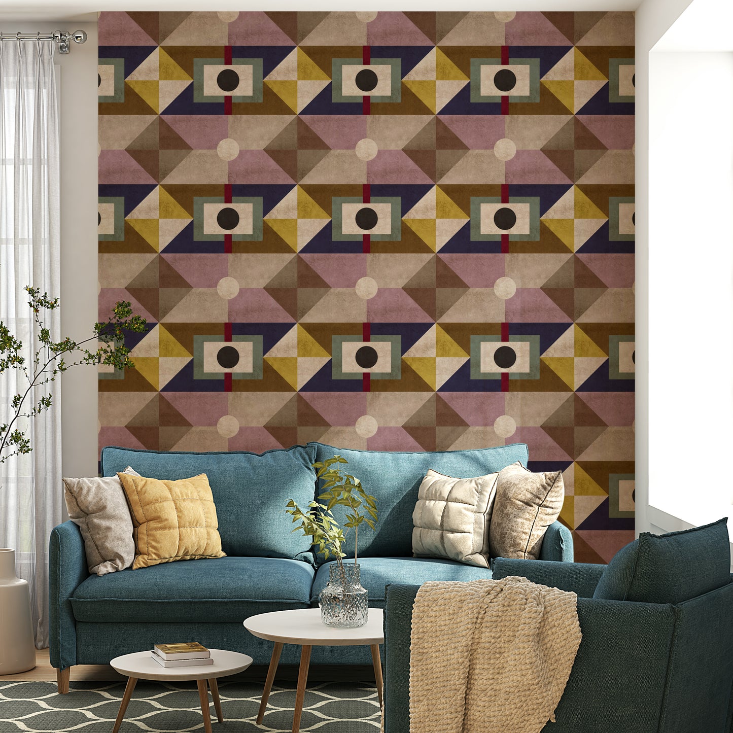 Graphic wall mural with retro color palette

