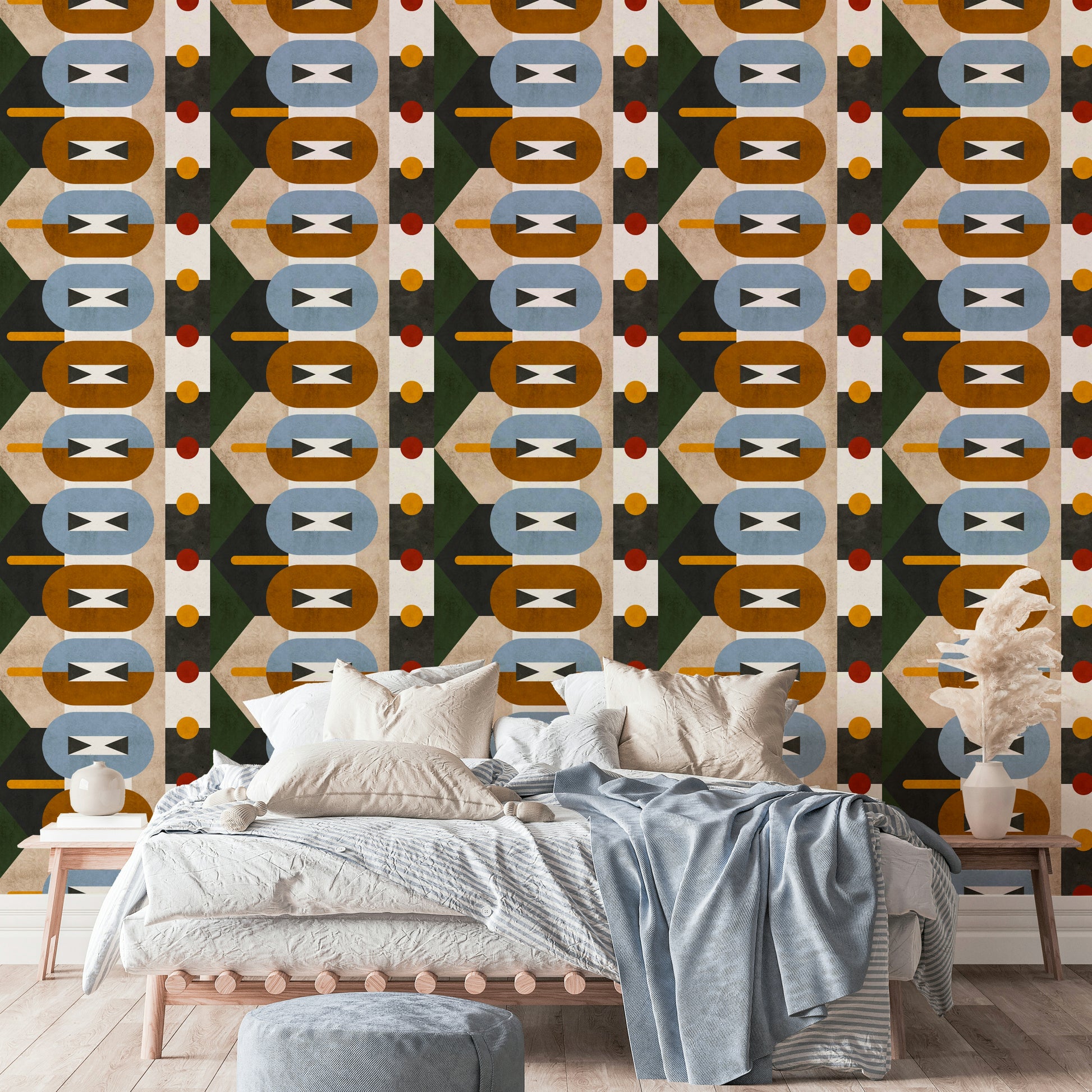 Earth-toned shapes and dots wall covering

