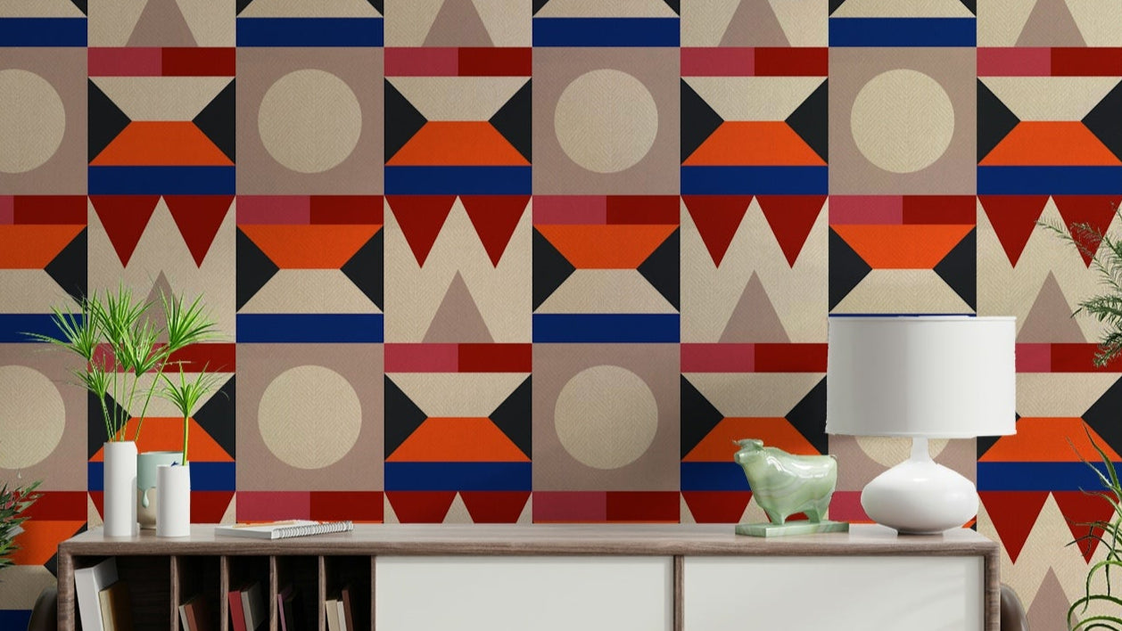 Geometric print wall covering in red hues

