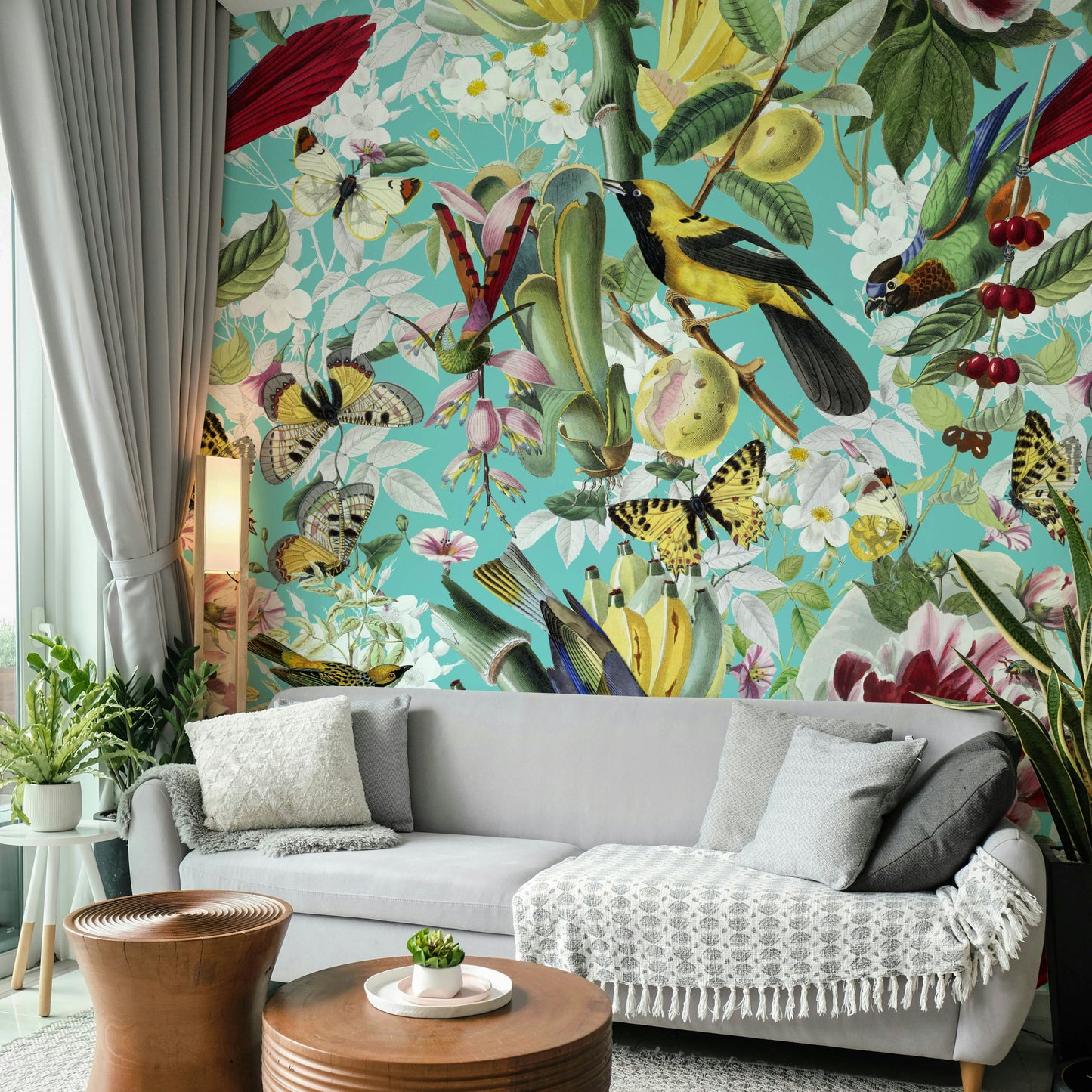 Botanical mural with butterflies and parrots

