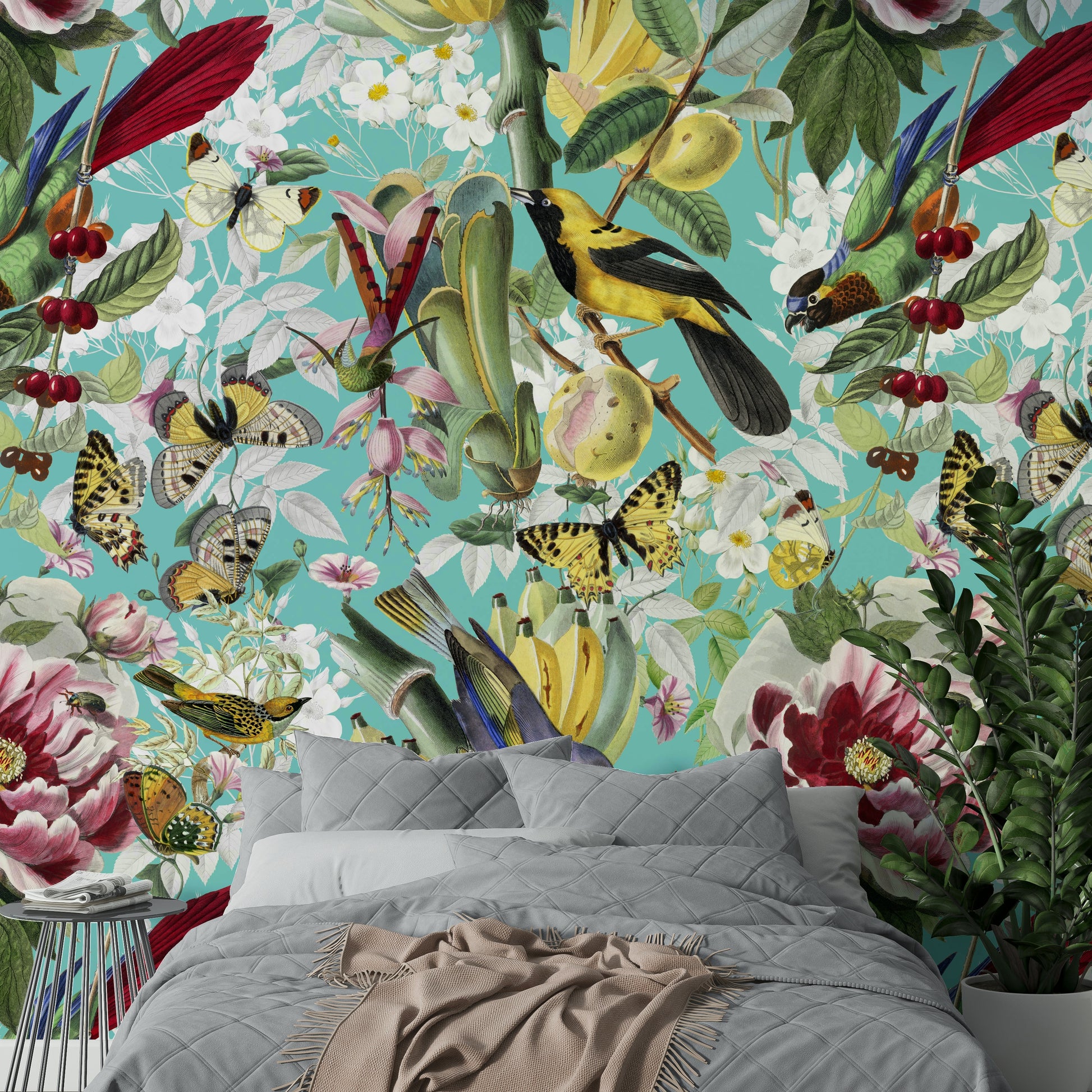 Botanical birds mural with pastel butterflies

