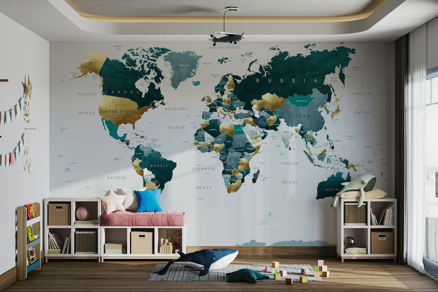 World Map Teal Gold Wall Mural
