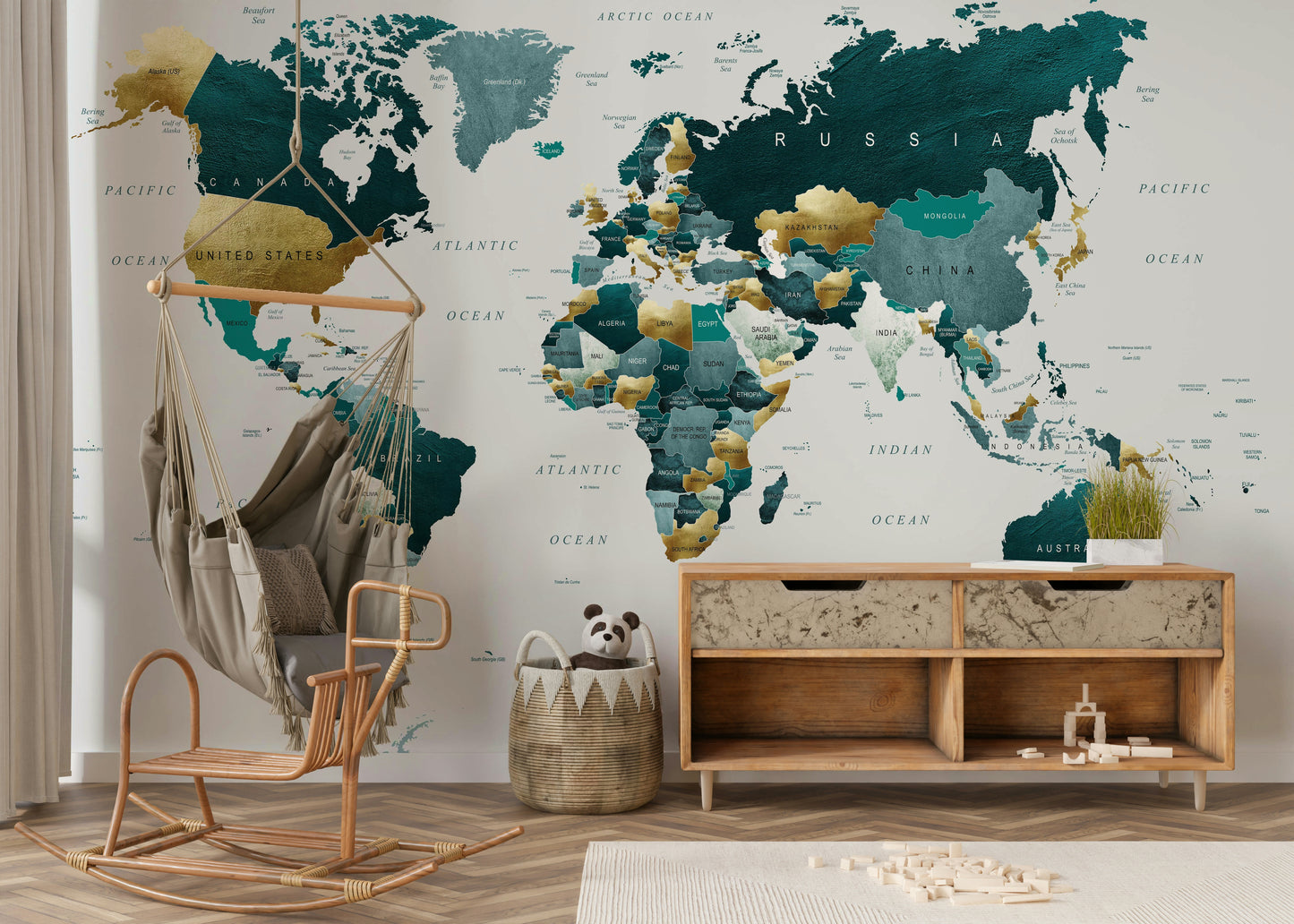 World Map Teal Gold Wall Mural