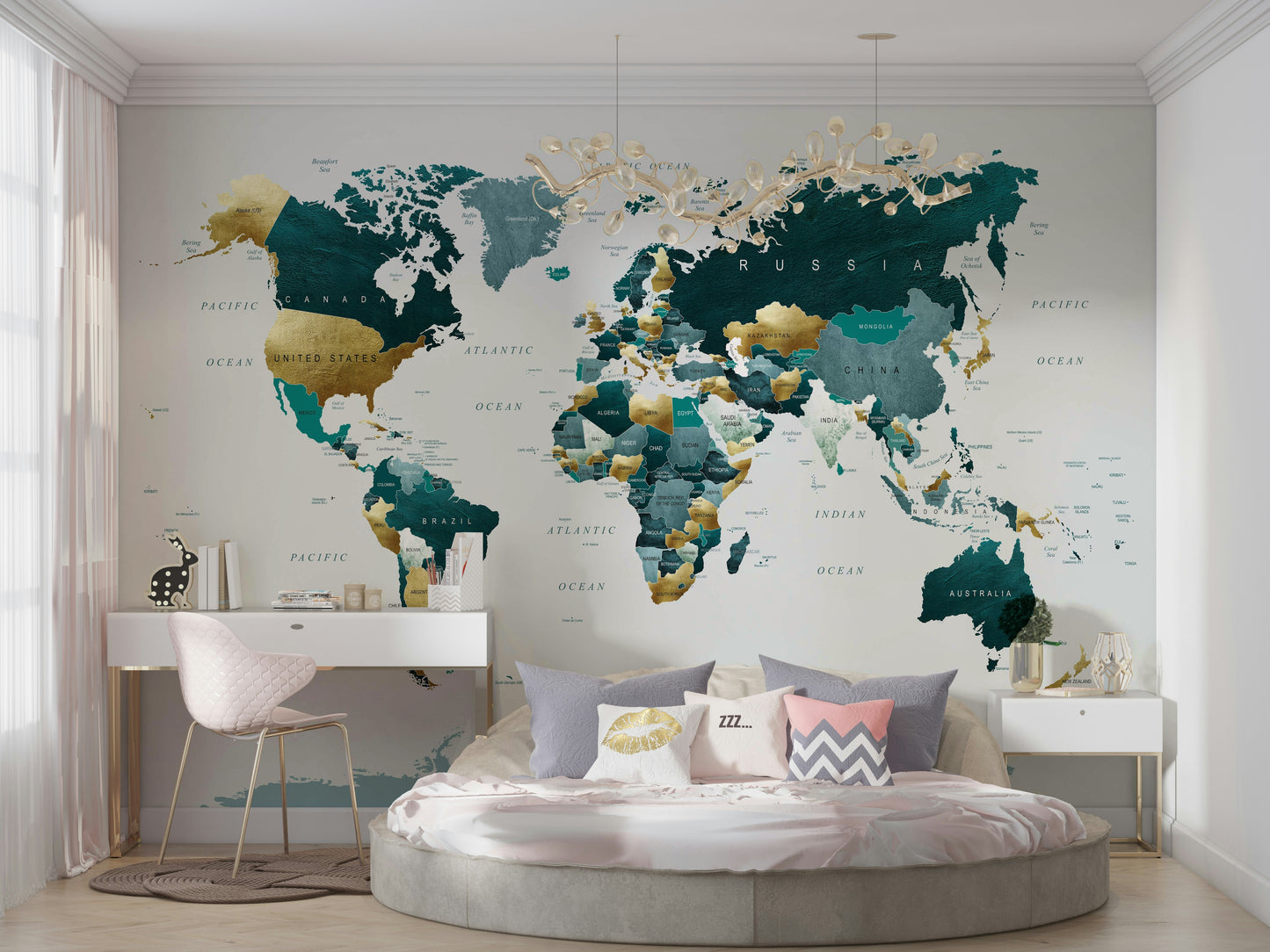 World Map Teal Gold Wall Mural