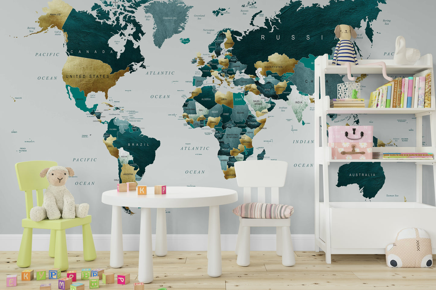 World Map Teal Gold Wall Mural