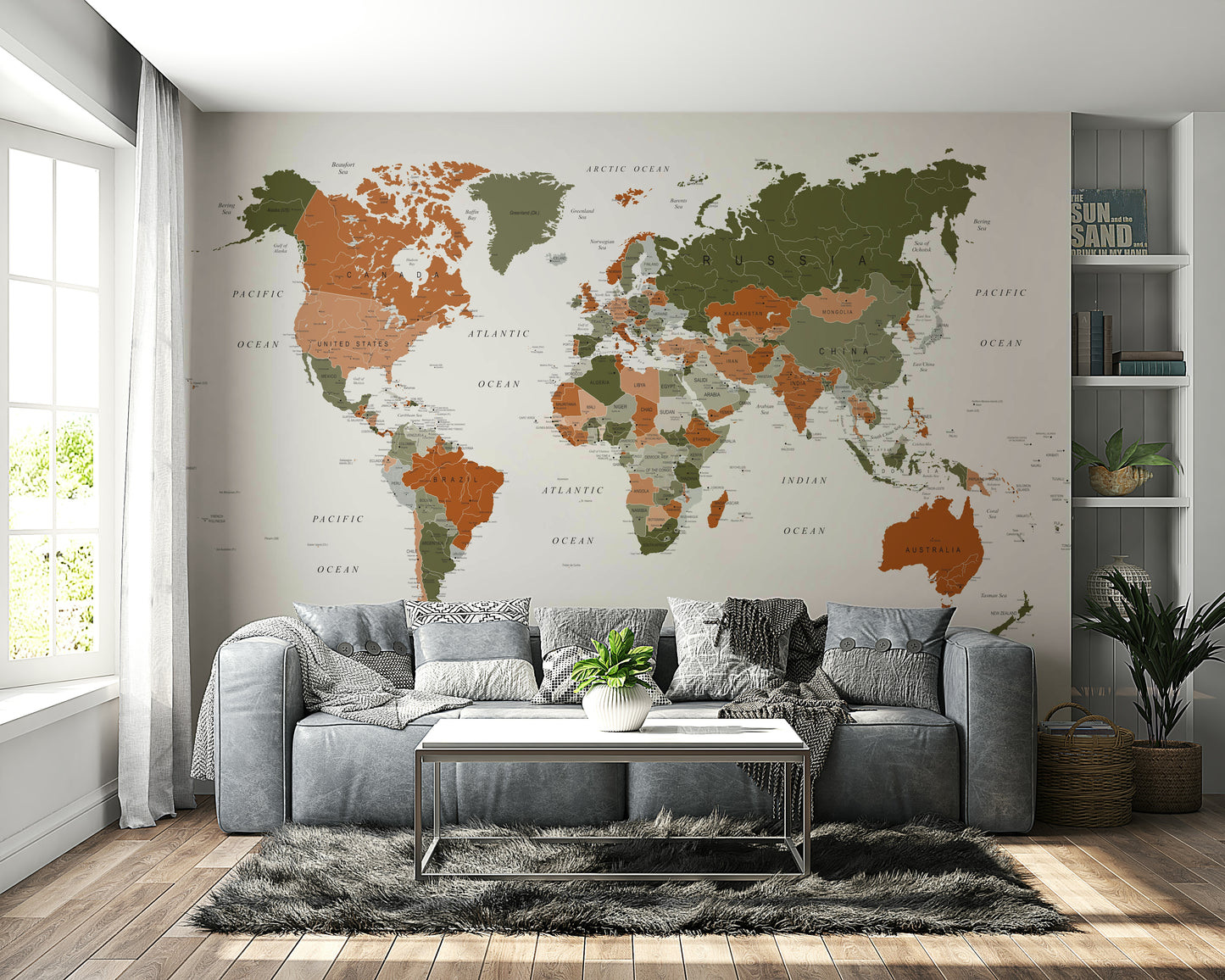 World Map Olive Green Wall Mural