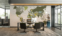 Geographical world map in olive green hues

