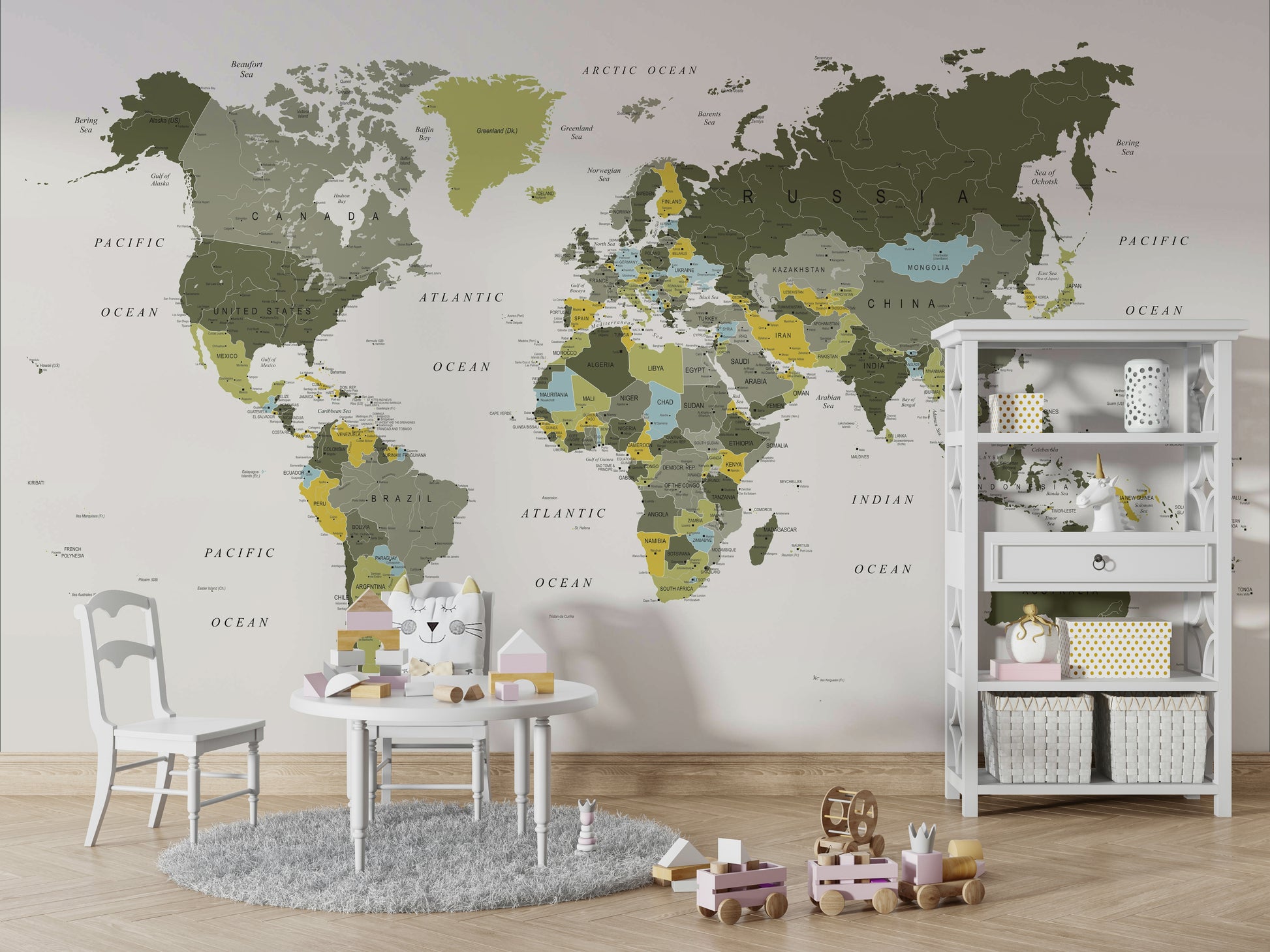 Stylish olive green world map mural for rooms

