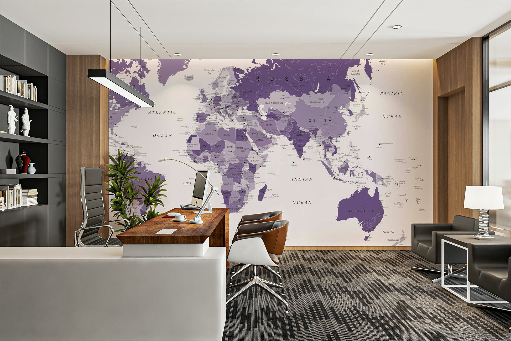 Bold purple world map wall mural for decor

