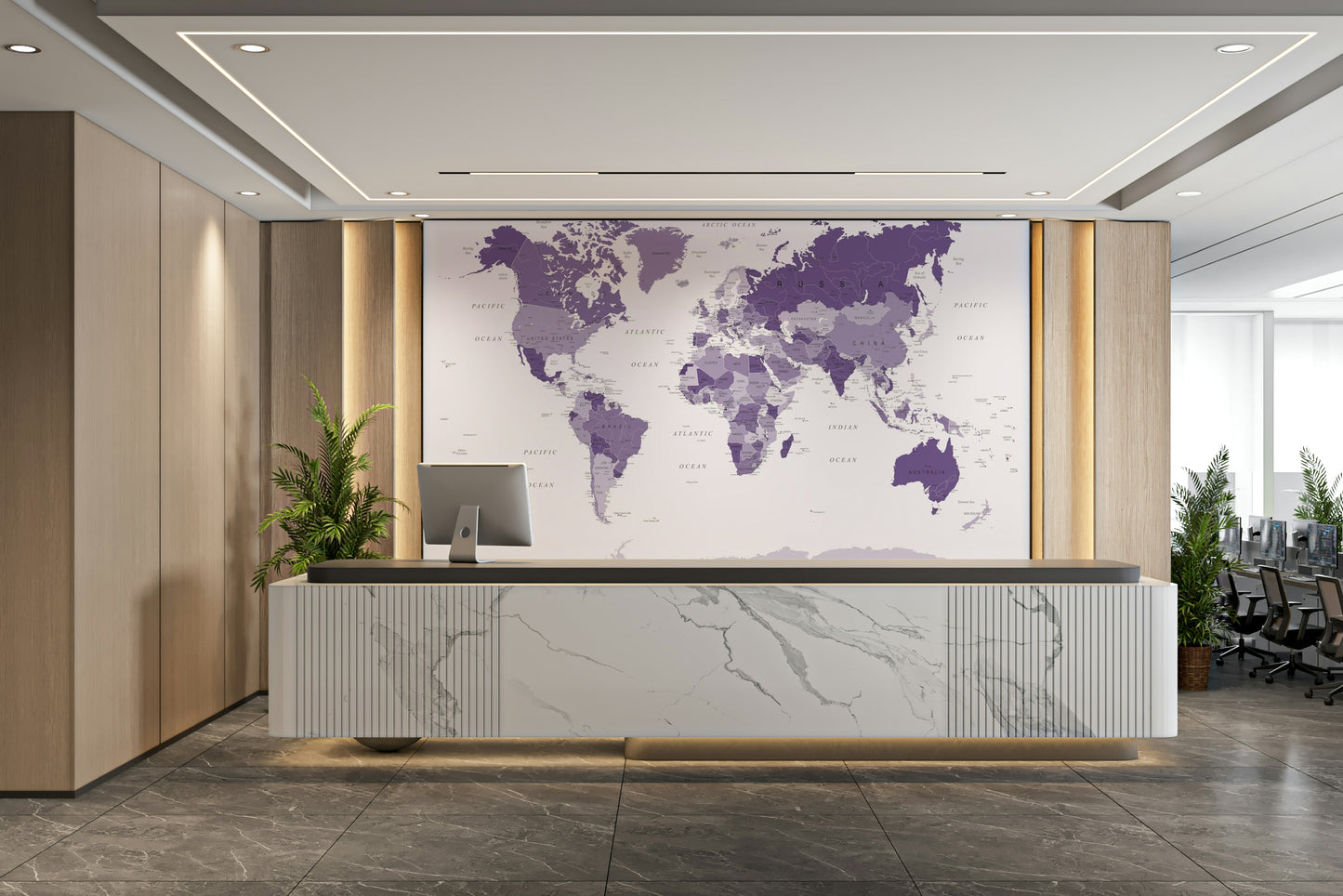 Unique purple world map mural for contemporary spaces

