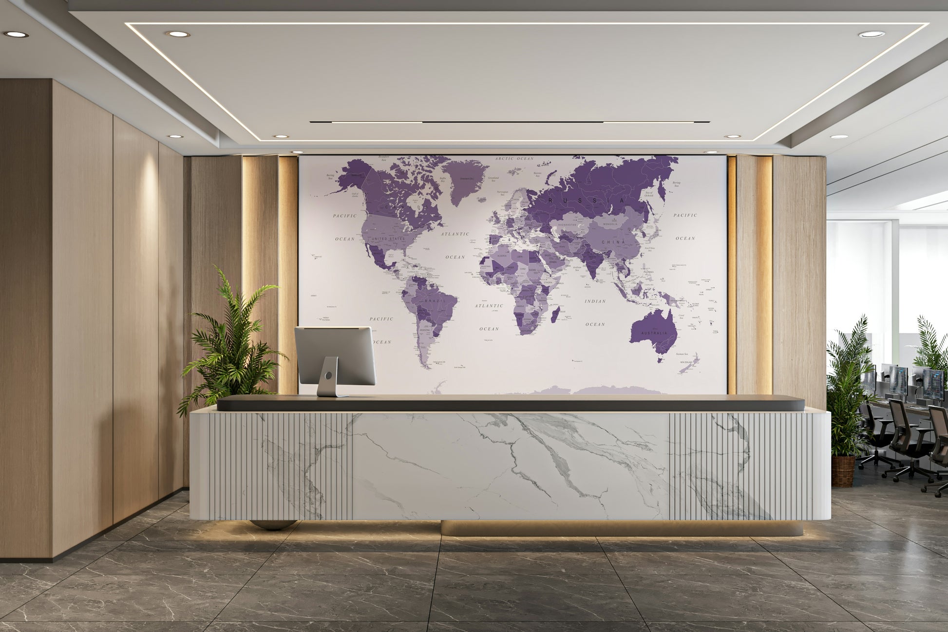 Unique purple world map mural for contemporary spaces

