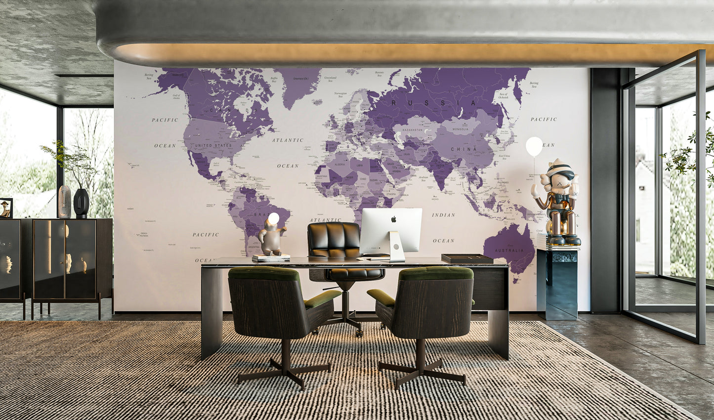 World map wall mural in rich purple tones

