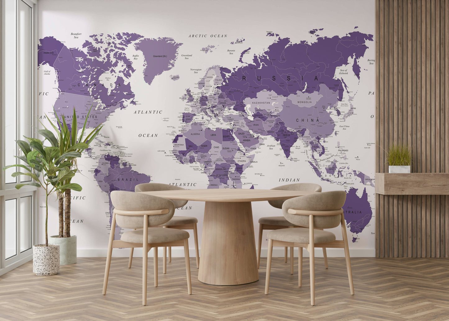 Purple world map mural for stylish interiors

