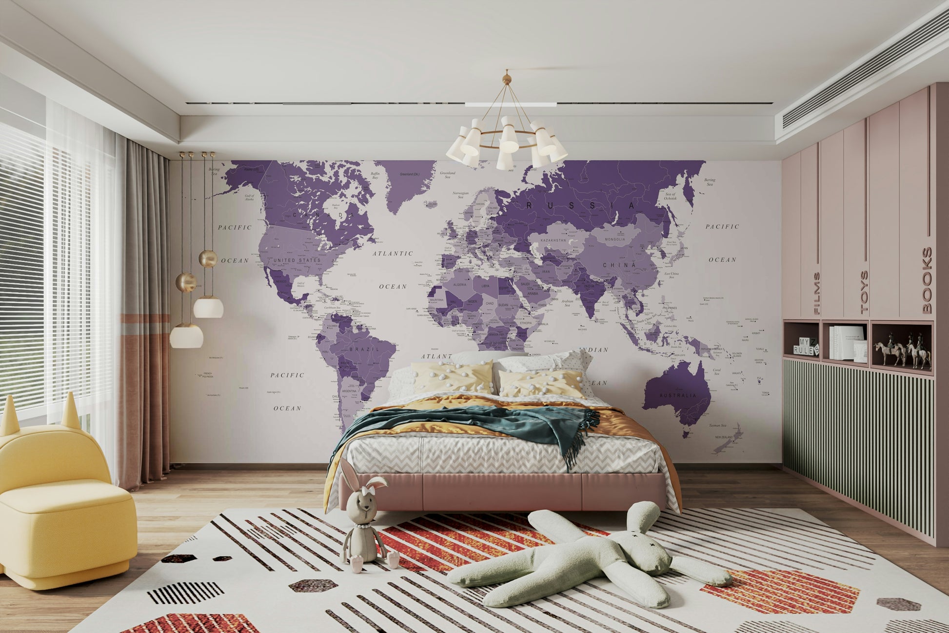 Modern world map in purple mural for walls

