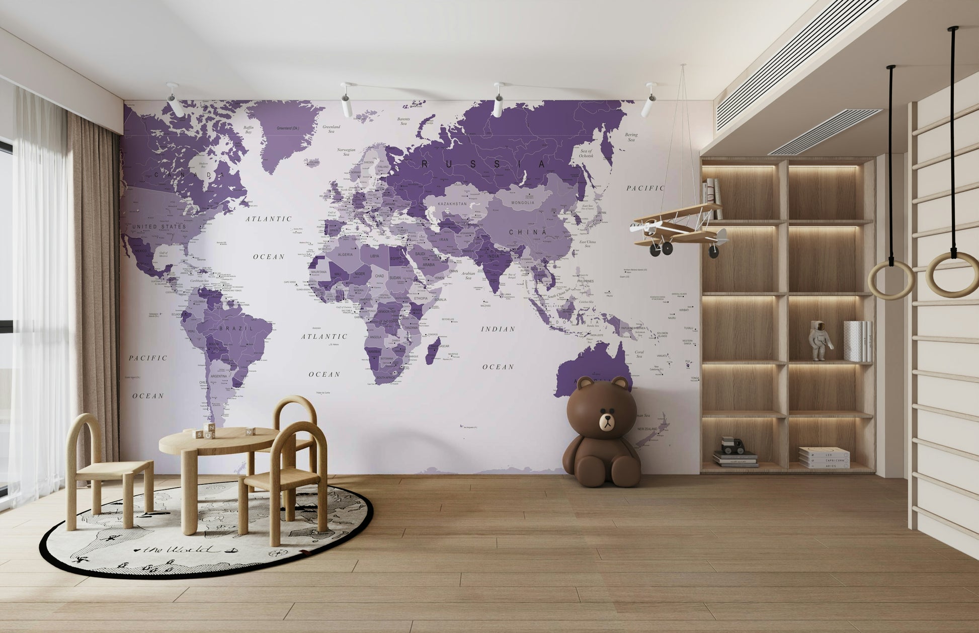 Elegant world map design in vibrant purple

