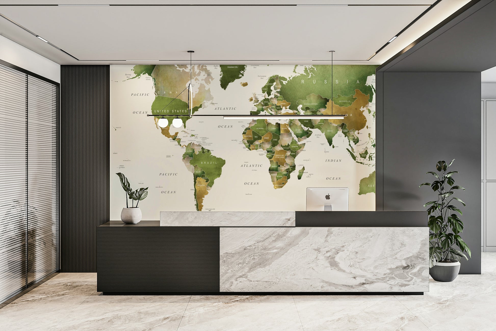 Earth-toned world map in rich green mural

