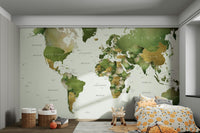 Detailed green world map mural for walls

