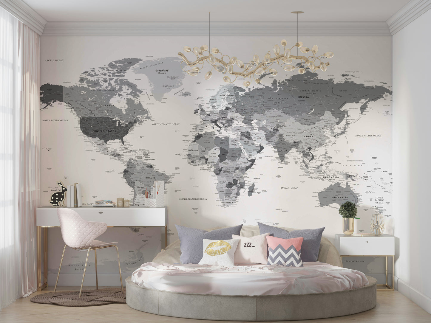 High-detail world map design in soft grey

