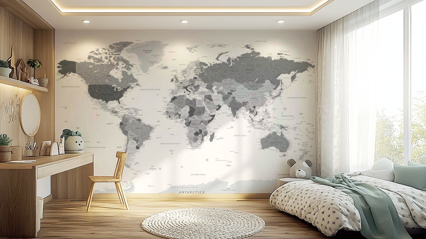 Minimalistic grey world map mural for walls

