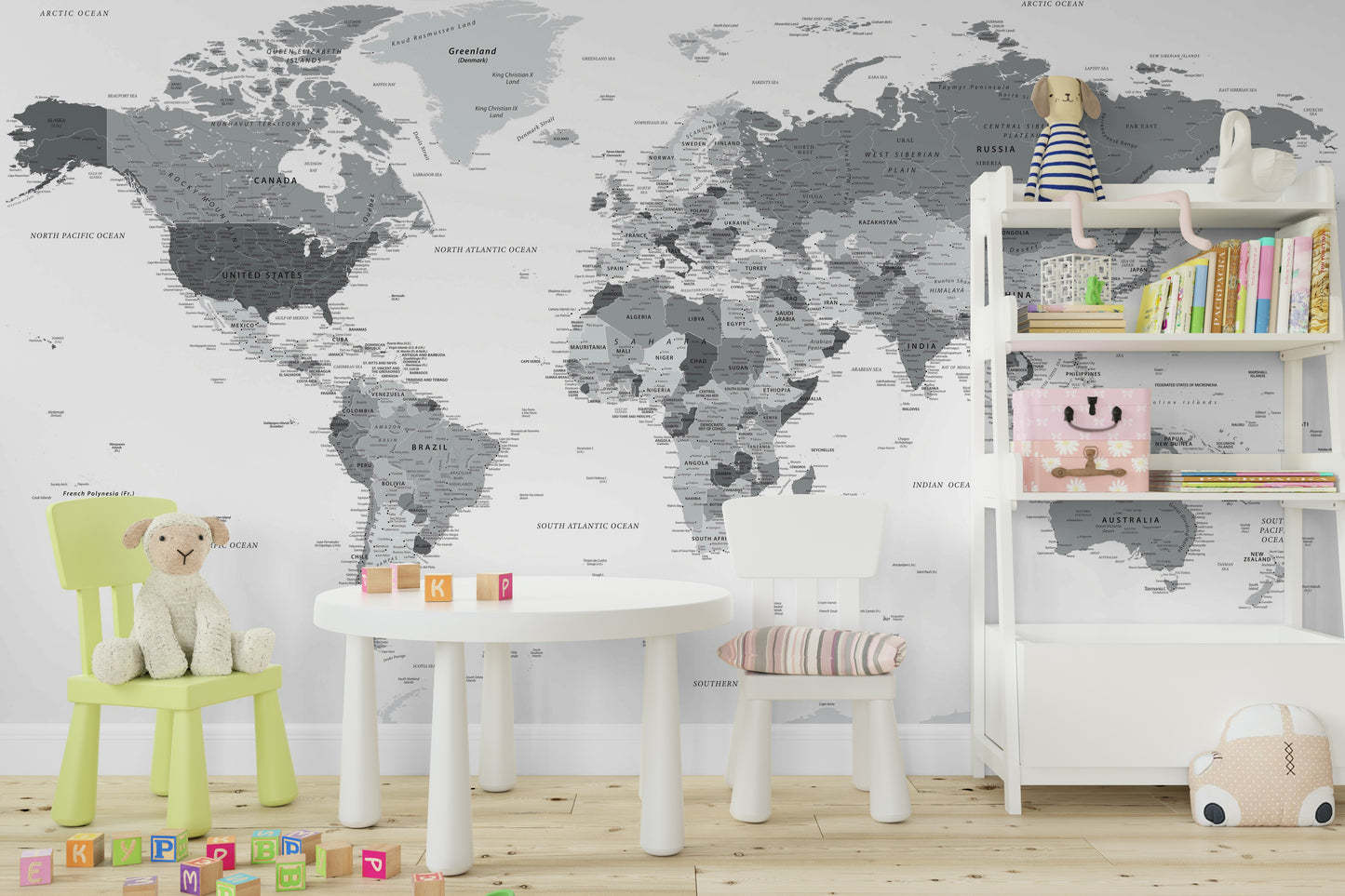 Intricate world map in grey for stylish spaces


