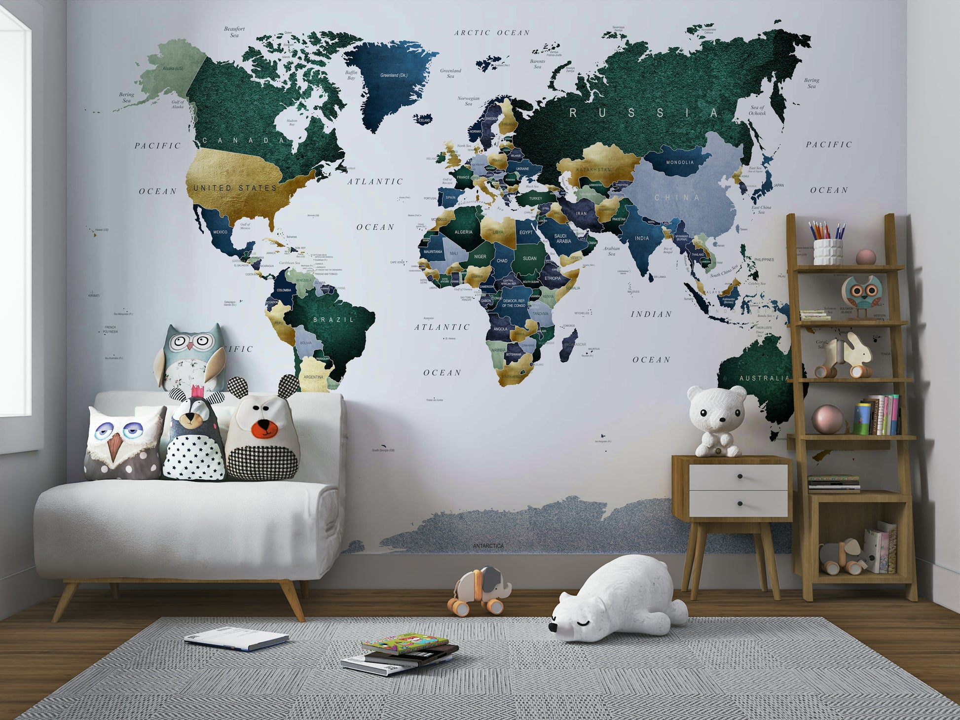 Earth-toned world map mural in green and blue

