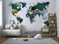 Earth-toned world map mural in green and blue

