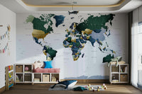 Colorful green blue world map mural for interiors


