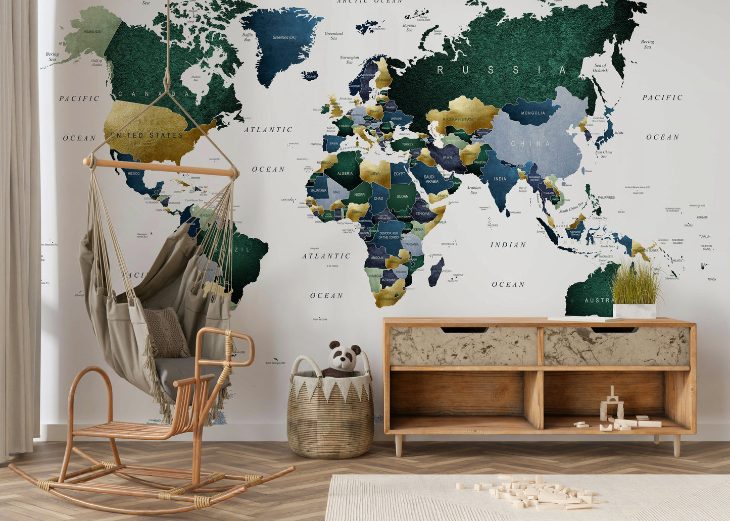 World map mural with ocean blue and green continents

