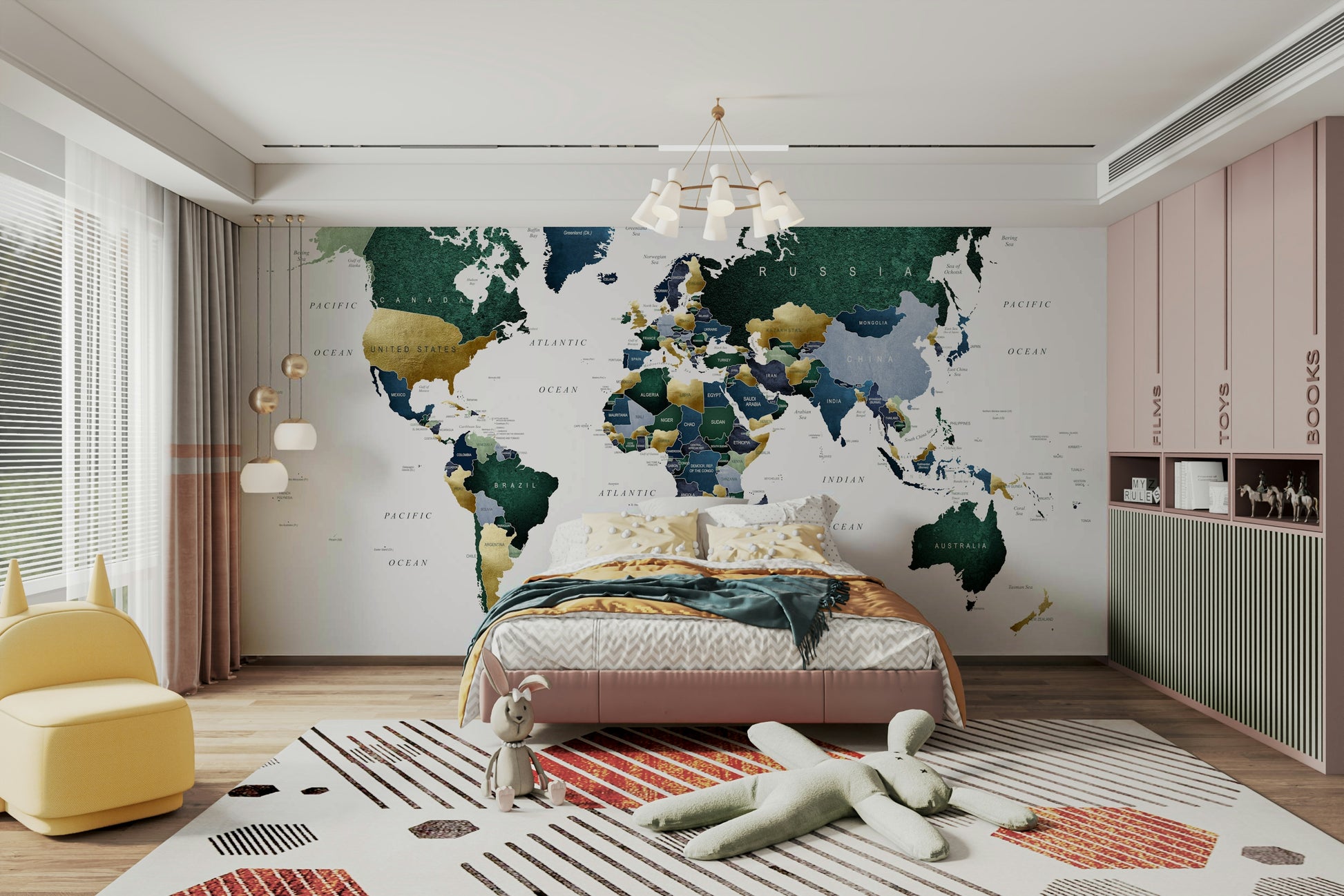 Global world map in green and blue wall mural

