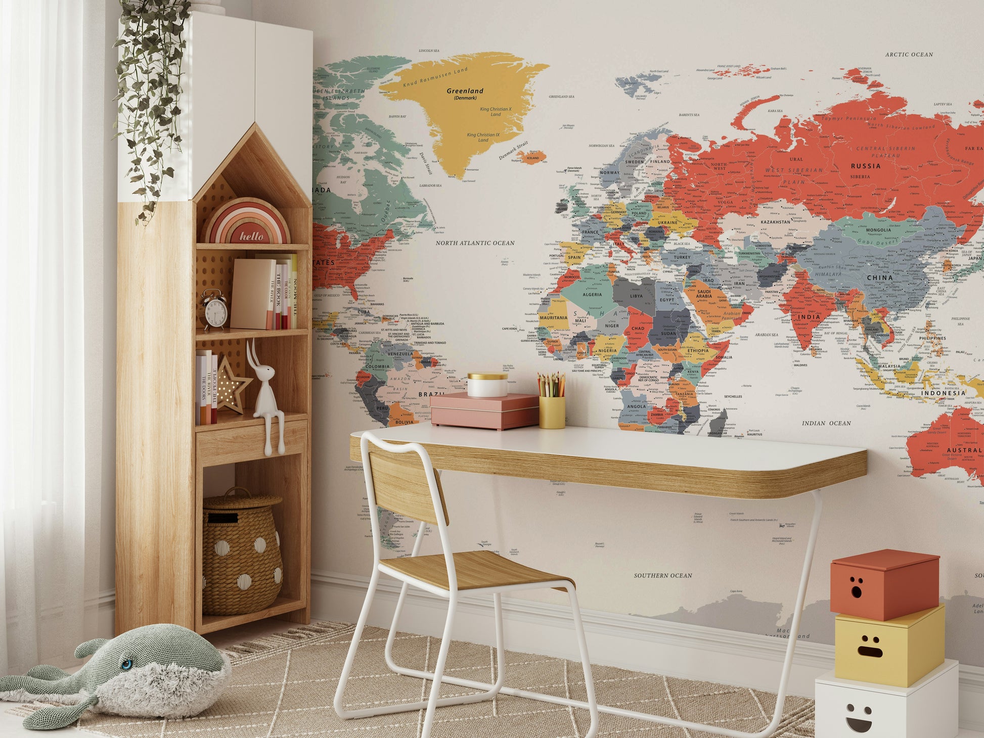 Modern world map mural with detailed landmarks

