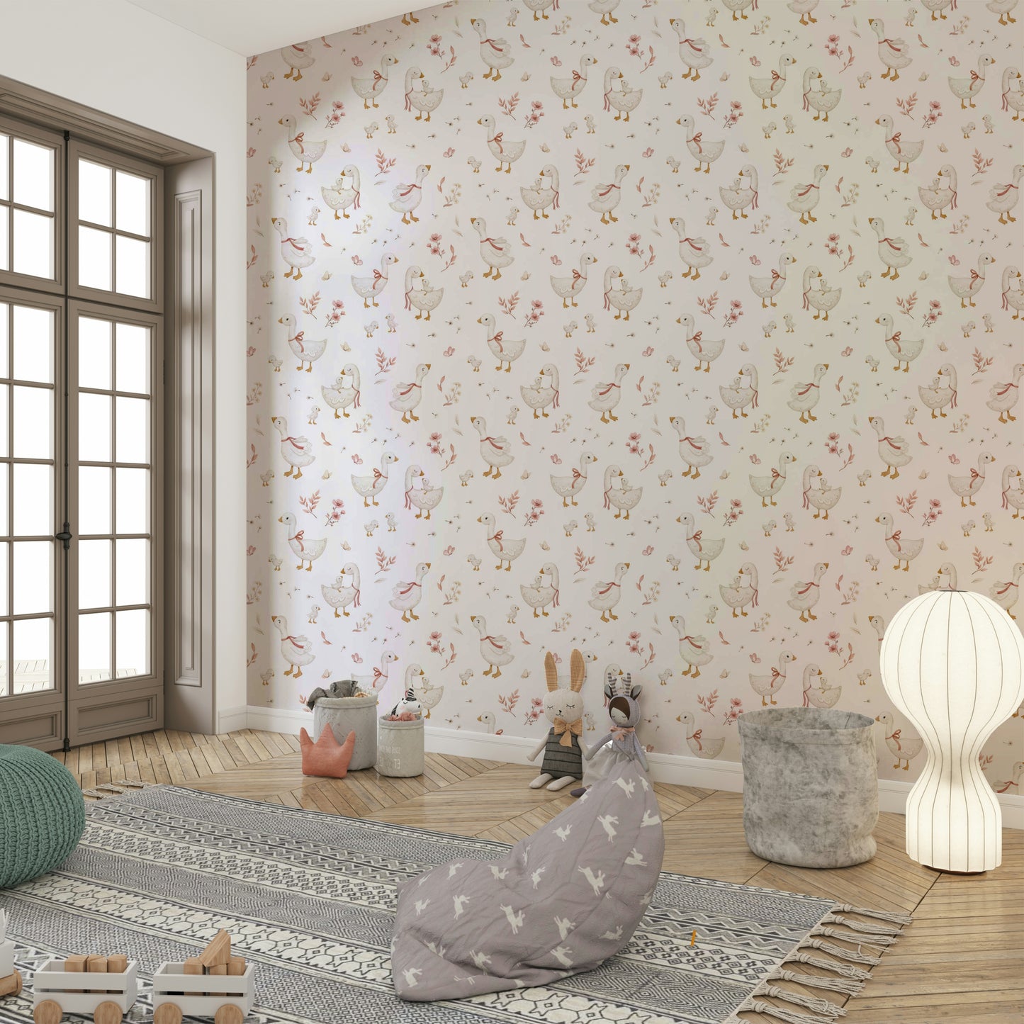 Whimsical wallpaper with geese and petals

